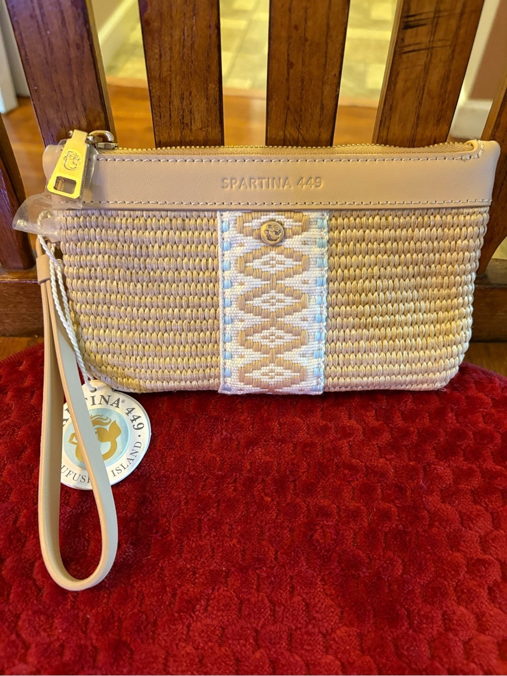 NWT Spartina 449 Straw Charlie Wristlet Blue Haze Woven Zip Clutch Wallet